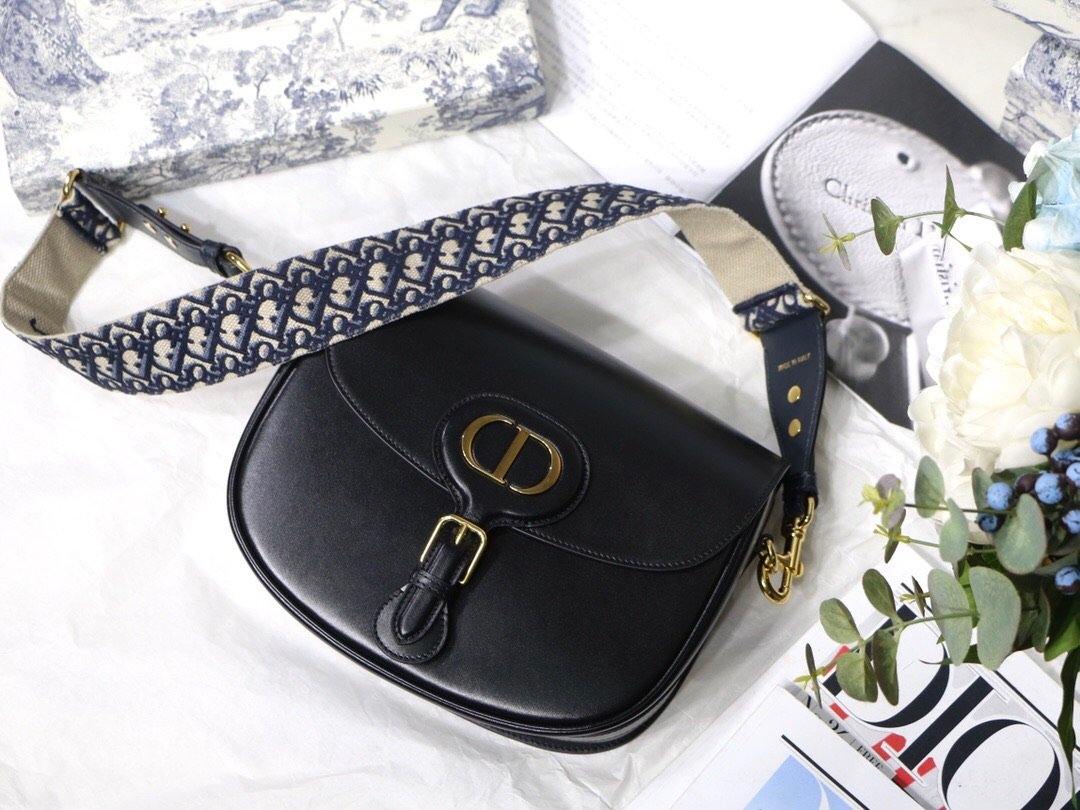 Replica Dior Large Bobby Bag Black Box Calfskin with Blue Dior Oblique  Embroidered Strap M9320UBBY_M911