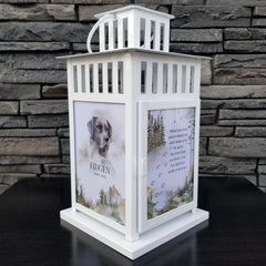 Personalized pet memorial lantern with beautiful watercolour dog and mountain scene.  White carriage lantern with LED candle