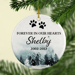 Personalized Christmas tree pet memorial ornament for a cat with a pretty watercolour scene.