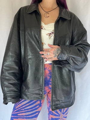 90s Vintage Black Leather Jacket (2xl) - Luhna Thrifts