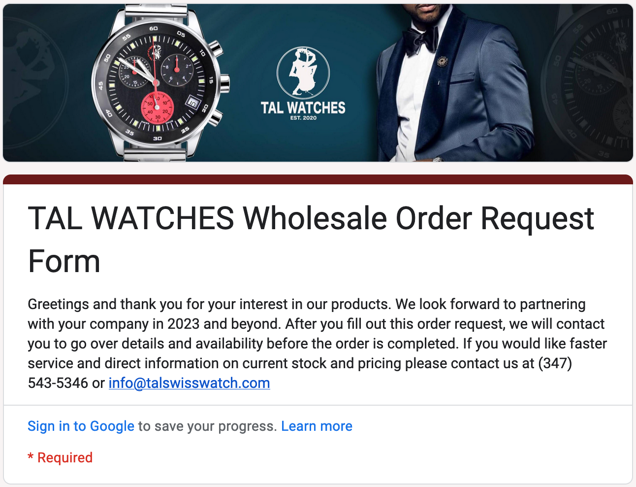 TAL WATCHES Wholesale Order Request Form