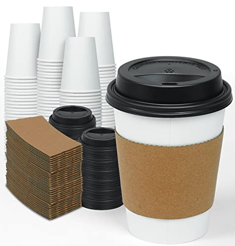 Comfy Package [100 Sets - 12 oz. Disposable Coffee Cups with Lids, Sleeves,  Stirrers - To Go Paper Hot Cups