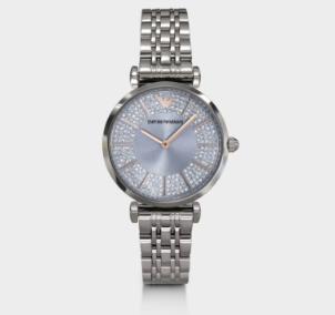 White Armani Exchange ladies' watch with rose gold accents.