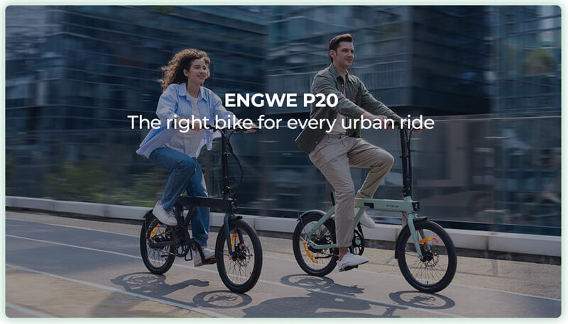 a man and a woman ride engwe p20 e-bikes on the road