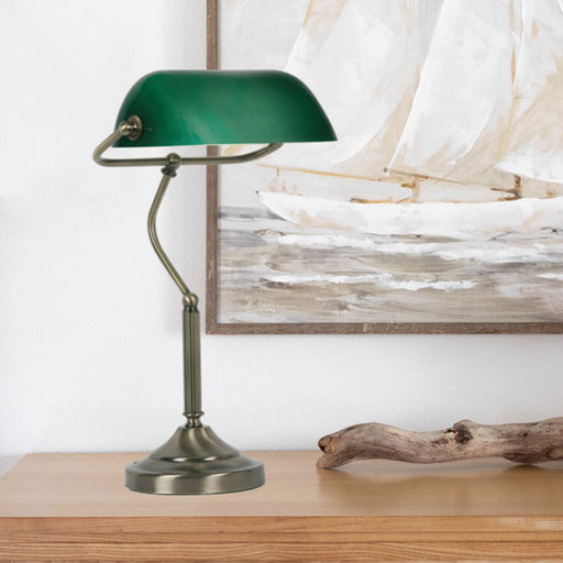 Bankers Polished Brass and Gloss Green Desk Lamp - Zest Lighting