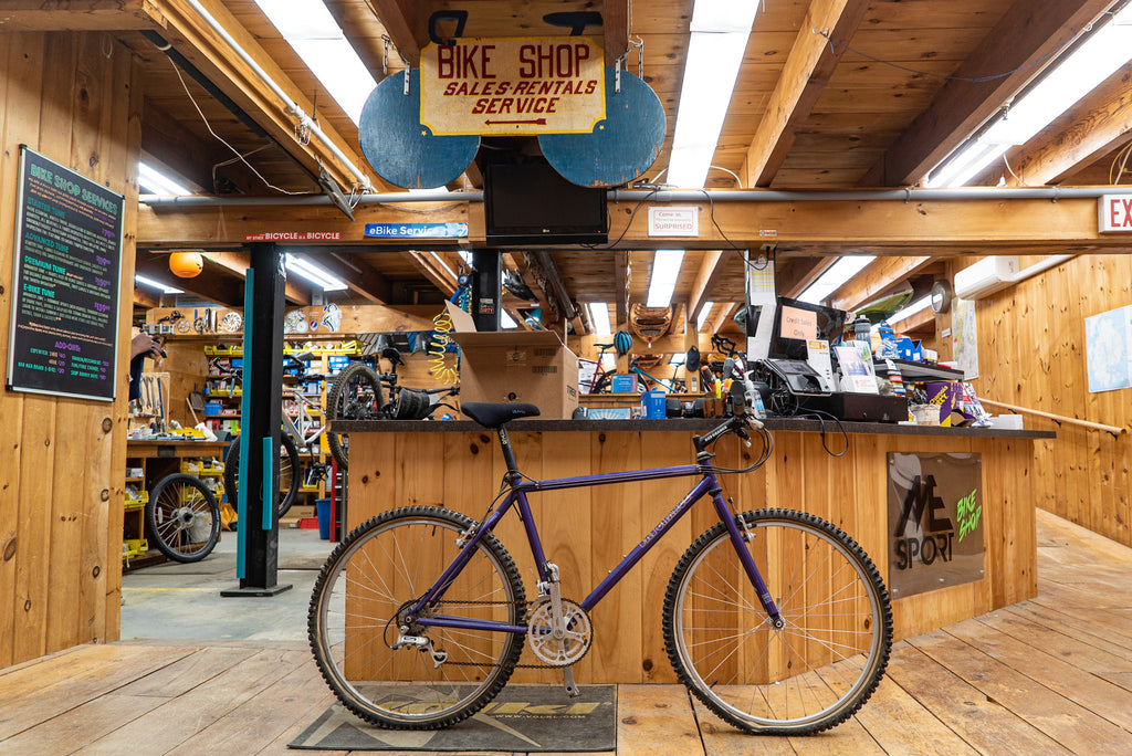 Bike in front of shop counter