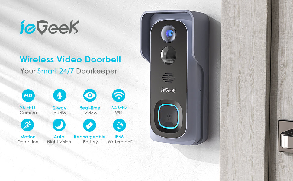 Video Doorbell Camera WiFi, ieGeek Wired Doorbell Camera with Chime, 2K  Ultra HD，Human Detection，2-Way Audio, SD Card/Cloud Storage, 167° View, DC  Adapter Included, IP54 Waterproof，Easy Installation