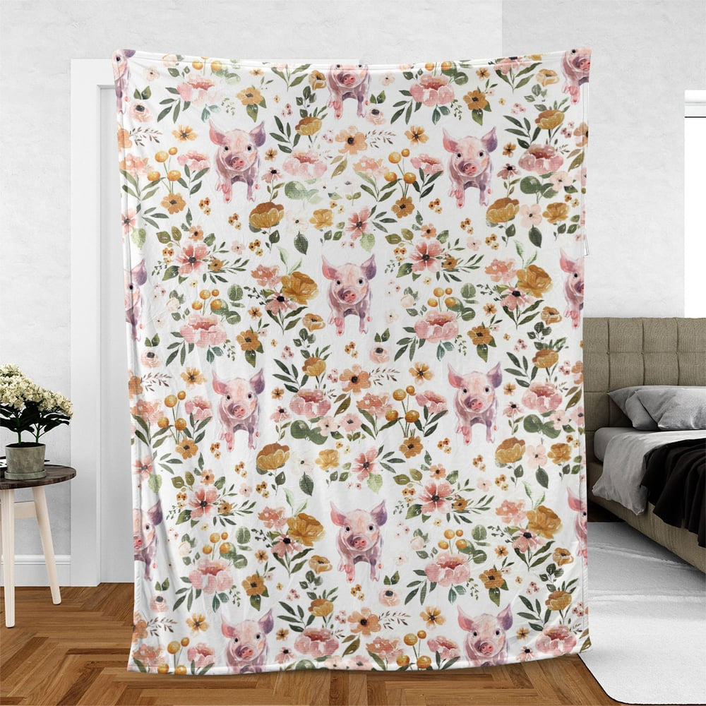 Pig Floral Pattern Blanket, Farm Blanket, Farm Animal Blanket