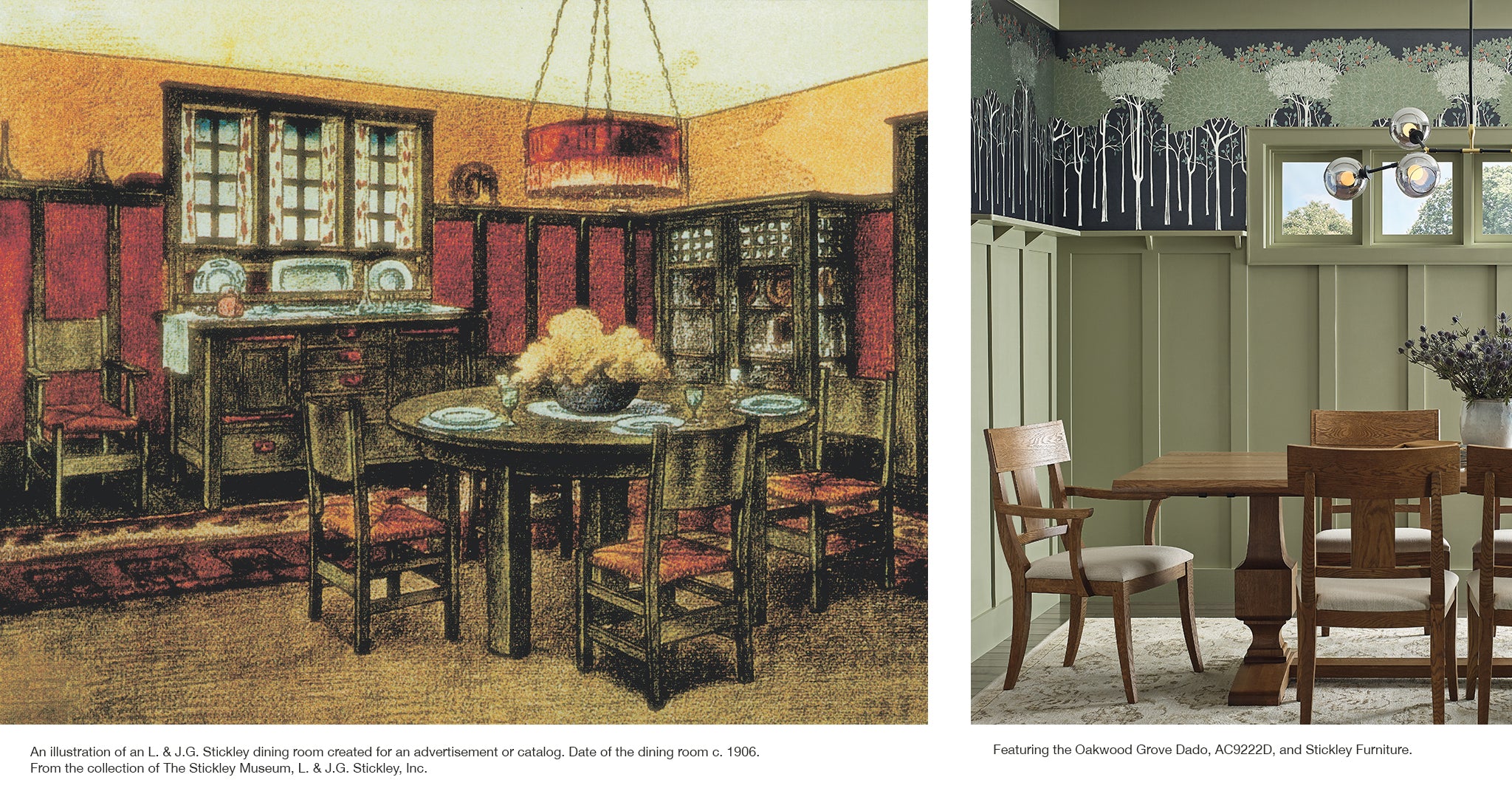 An illustration of an L. & J.G. Stickley dining room created for an advertisement or catalog. Date of the dining room c. 1906. Wallpaper pattern Oakwood Grove Dado, AC9222D, and Stickley Furniture. 