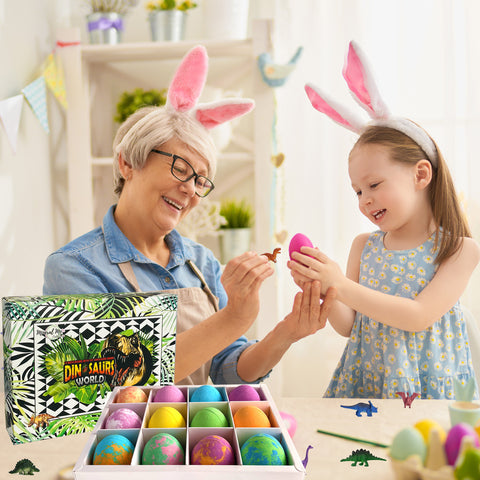 Colorful Easter stuffers with hidden dinosaur toys inside