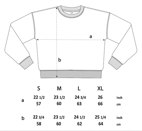 Size guide showing dimensions of the sweatshirt