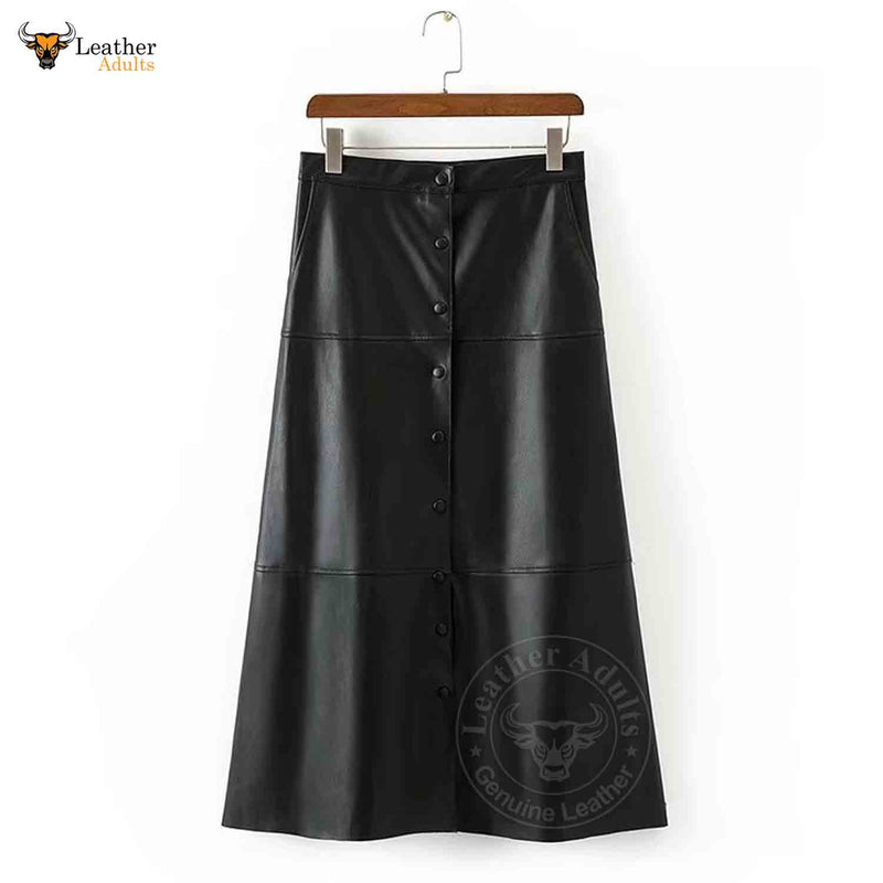 Womens Real Lambskin Leather High Quality Black Long Maxi Skirt Long length European Style Vintage Button Pocket Maxi Skirt