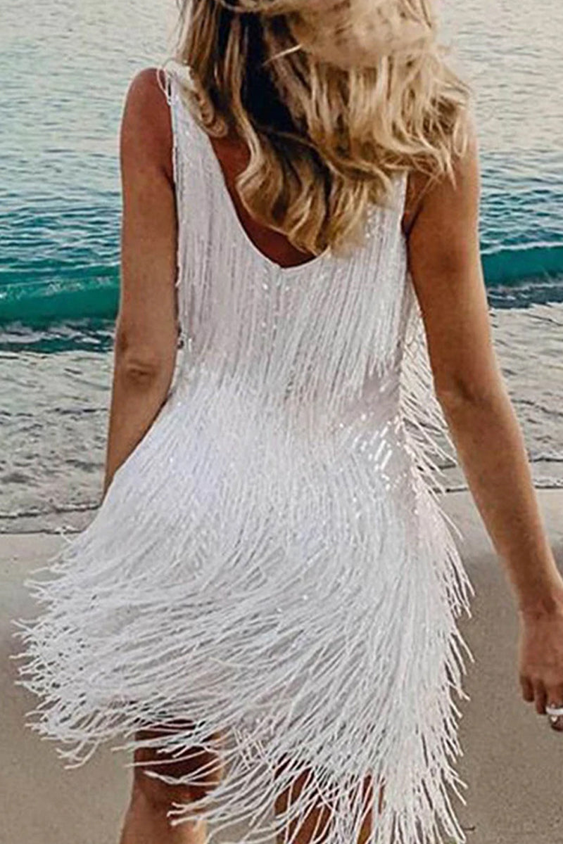 Sexy Party Solid Tassel V Neck Vest Dress Dresses – Shellher
