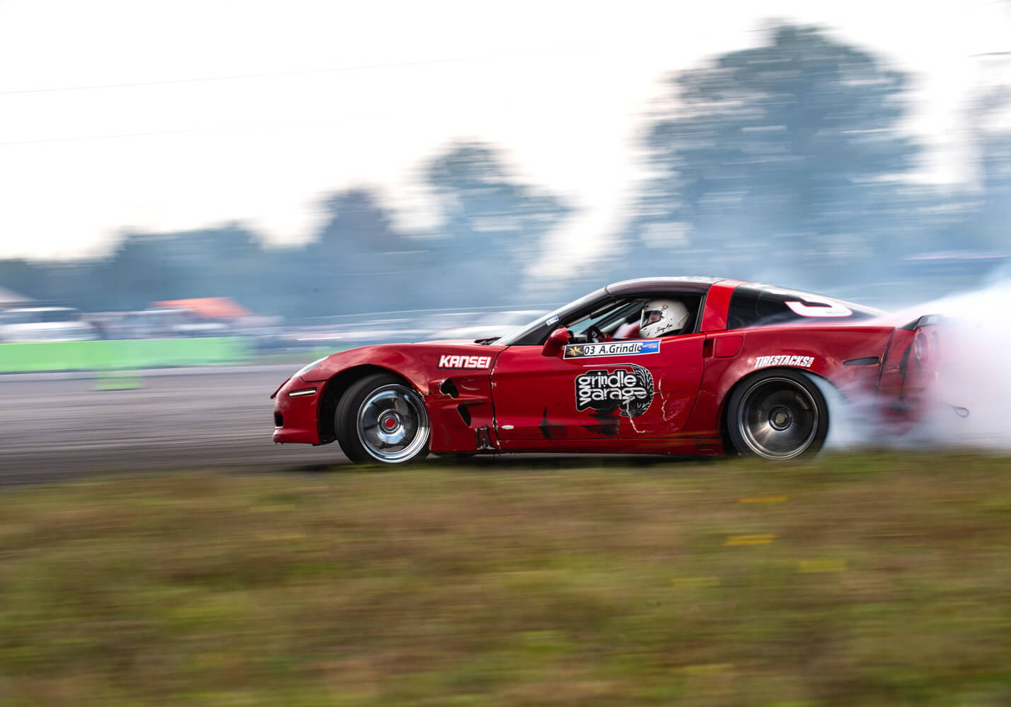 Professional drifter Andrew Grindle drifting his Chevy Corvette