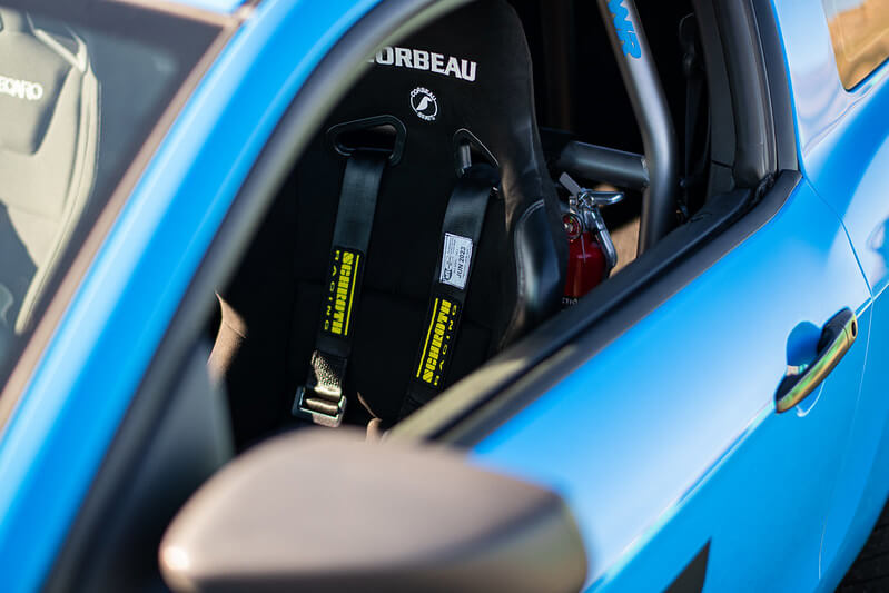 Fire extinguisher installed in a race prepped Ford Mustang