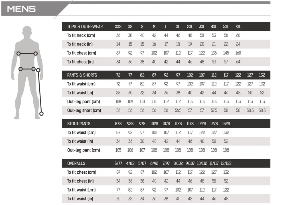 Syzmik Mens's Clothing sizing Chart