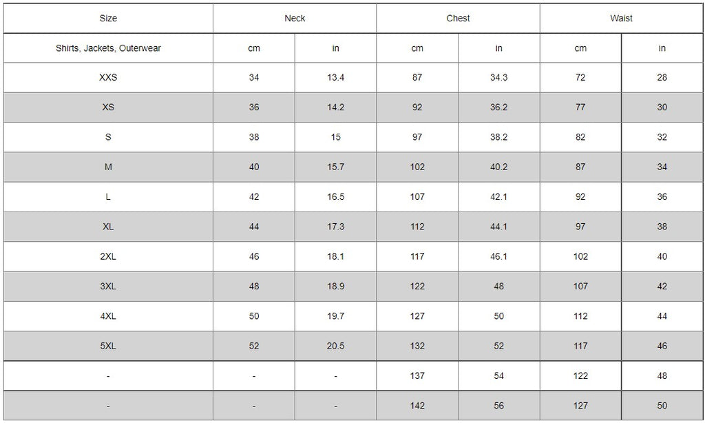 Biz Collection Men's Sizing Chart