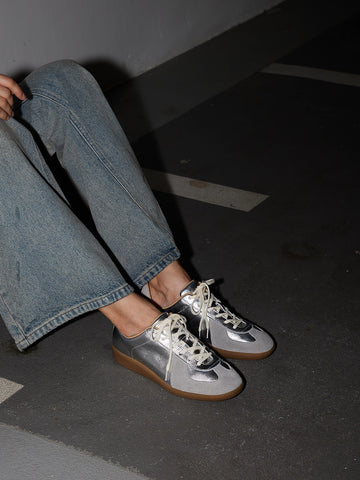 PAZZION OFFICIAL_Caryn Lace Up Low Top Sneakers_976-7_Silver leather and grey suede lace-up sneakers_ Beige leather and brown suede lace-up sneakers_