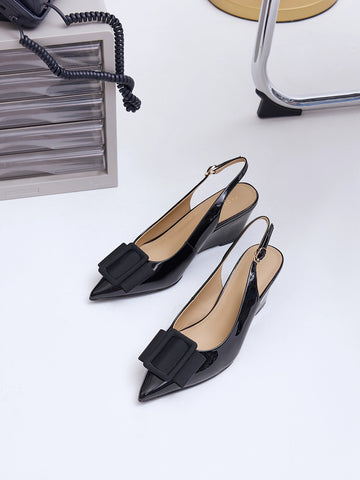 PAZZION OFFICIAL_Donatella Bow Buckled Slingback Wedges_3028-1_Black patent leather slingback wedges with a fabric-covered square buckle.