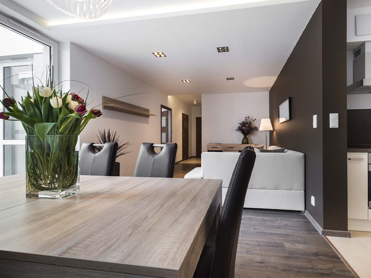 Angled view of a dining room