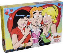A box of Archie comics featuring two women and a man, with an Archie Love Triangle Puzzle.