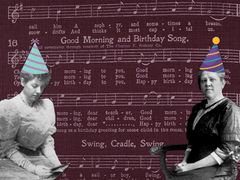Two women and the notes and lyrics to Happy Birthday