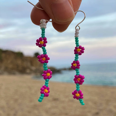 handmade dangly flower beaded earrings