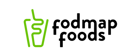 Logo for FODMAP foods a low FODMAP product. Green silhouette of a cup with a straw going through making the shape of an ass with words written in black beside it FODMAP foods