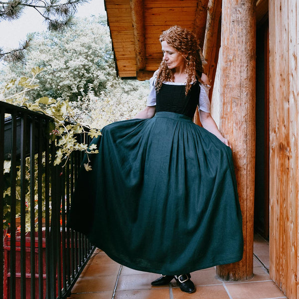 Historical Skirt In Dark Green Linen - Atelier Serraspina