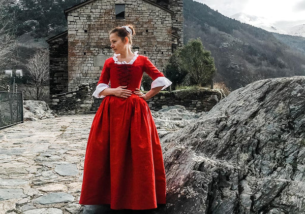 18th-century peasant clothing, cherry red costume