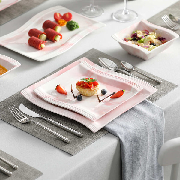 MALACASA Flora Wavy-Shaped Marble Pink 26 Piece Porcelain Dinnweware Set