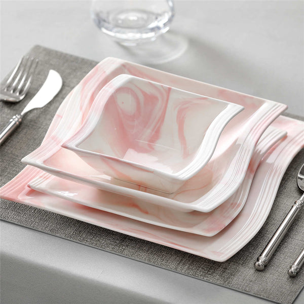 MALACASA Flora Marble Pink 26 Piece Porcelain Dinnerware Set