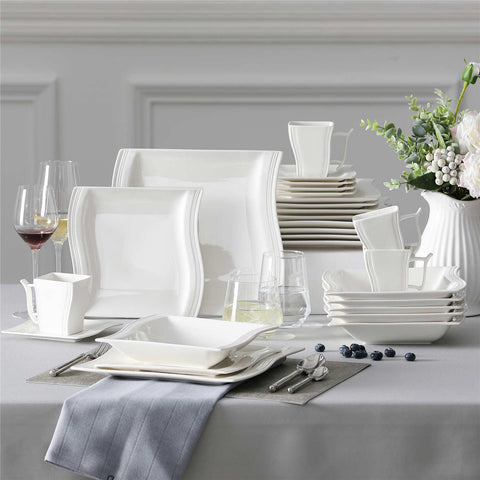 MALACASA Square Dinnerware Sets, 32-Piece Porcelain Plates and Bowls Sets  for 6, Marble Grey Dish Set with Dinner Plate Set, Dishes, Cup and Saucer