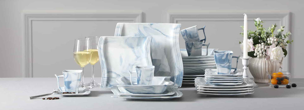 MALACASA Flora Marble Blue 30 Piece Porcelain Dinnerware Set