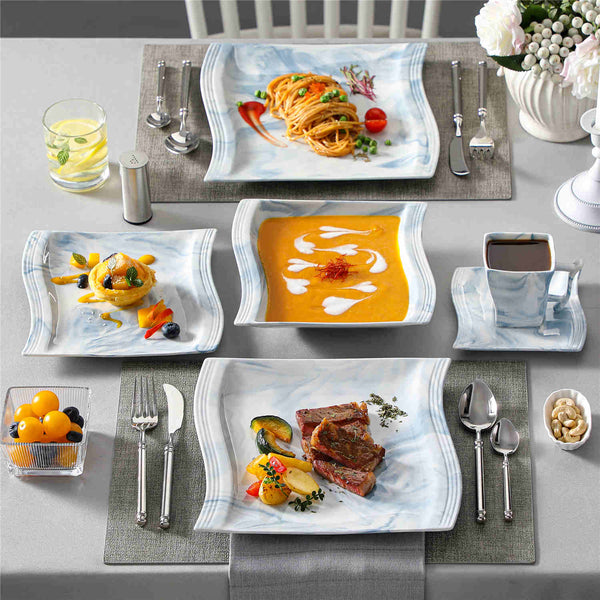 MALACASA Flora Marble Blue 30 Piece Porcelain Dinnerware Set