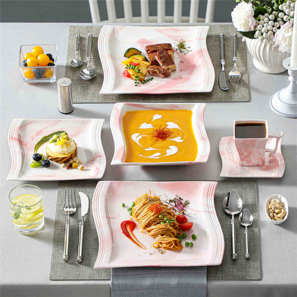 MALACASA Flora Marble Pink 30 Piece Porcelain Dinnerware Set