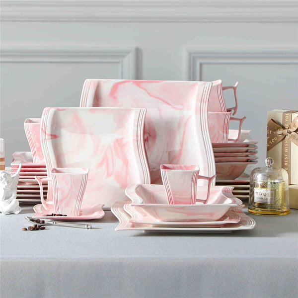 MALACASA Flora Marble Pink 30 Piece Porcelain Dinnerware Set