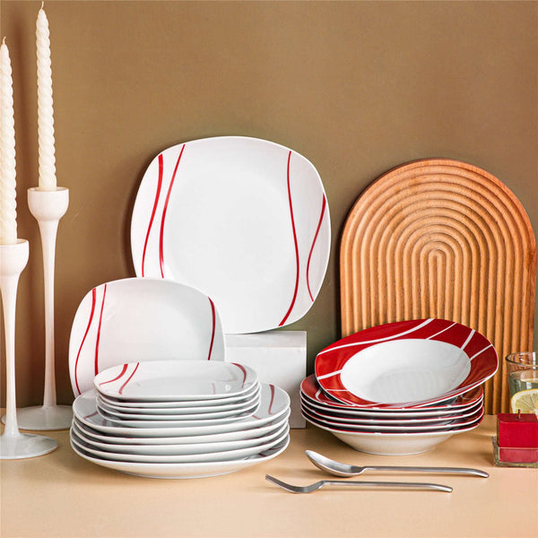 MALACASA Felisa 18-Piece Porcelain Porcelain Dinnerware Set, with Delicate Red Line Decals, with a Modern Blend of Square and Round Edges.