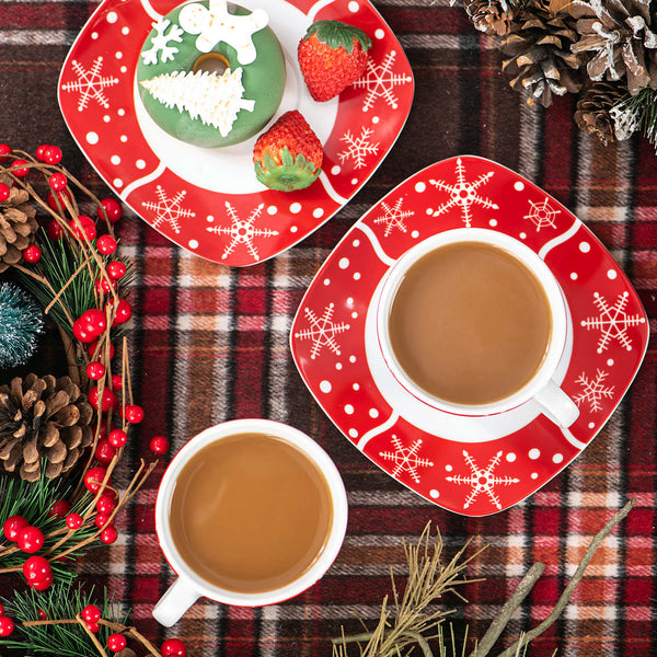 MALACASA Santaclaus 6-Piece Tea Cups with Saucers Porcelain Set, Featuring Festive Santa Claus Patterns, Ideal for Holiday Gatherings.