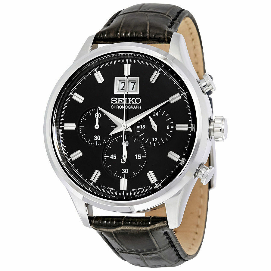 Seiko Black Dial Chronograph Black Leather Mens Watch – Watch Direct  Australia