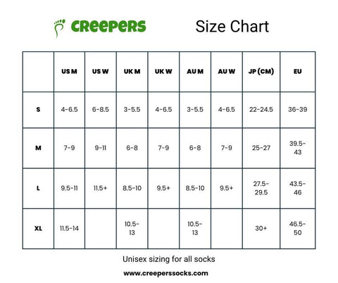 Creepers toe socks extended size chart, UK, AUS, USA, EU sizing conversion