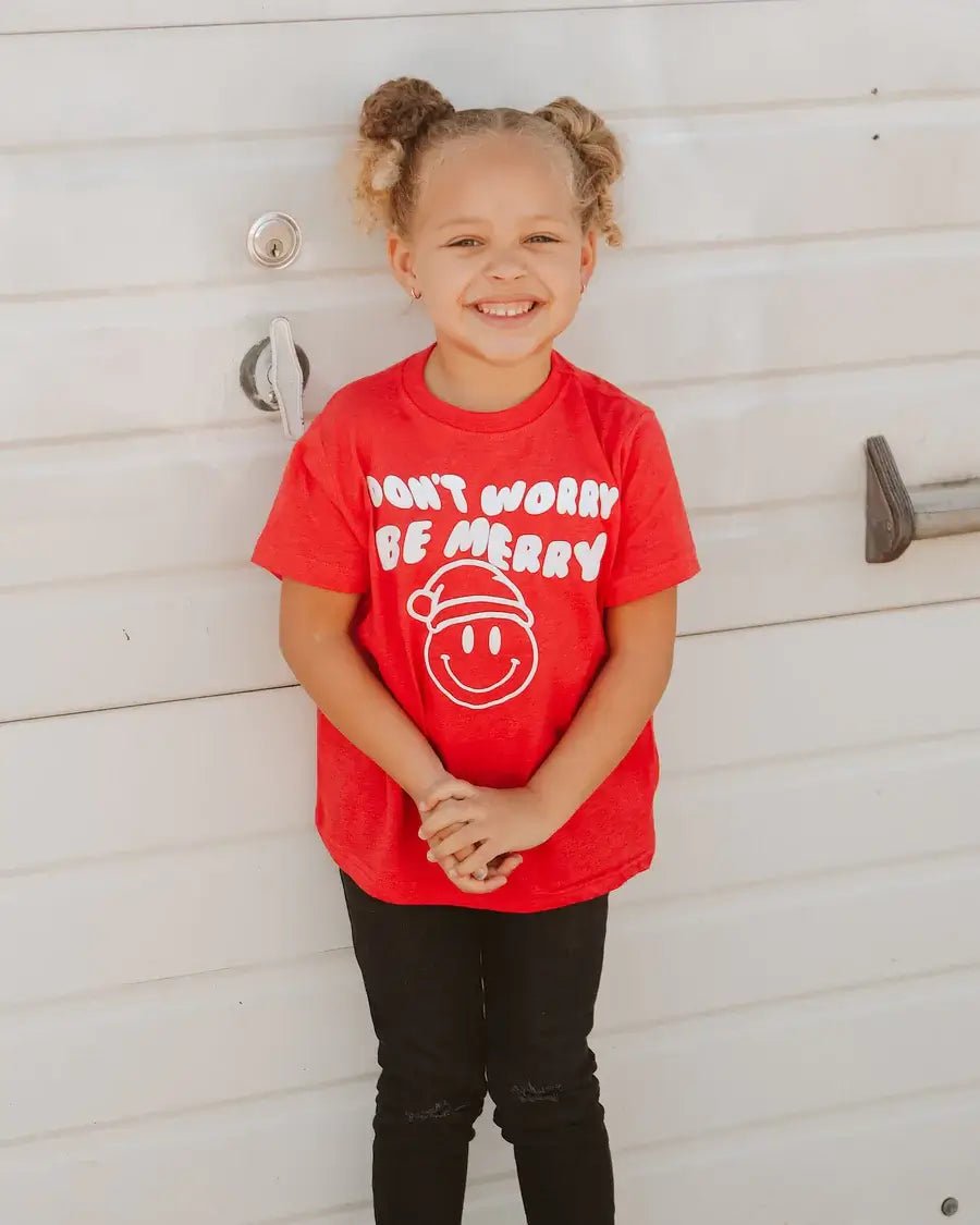 Children's Don't Worry Be Merry Red Puff Ink Tee -