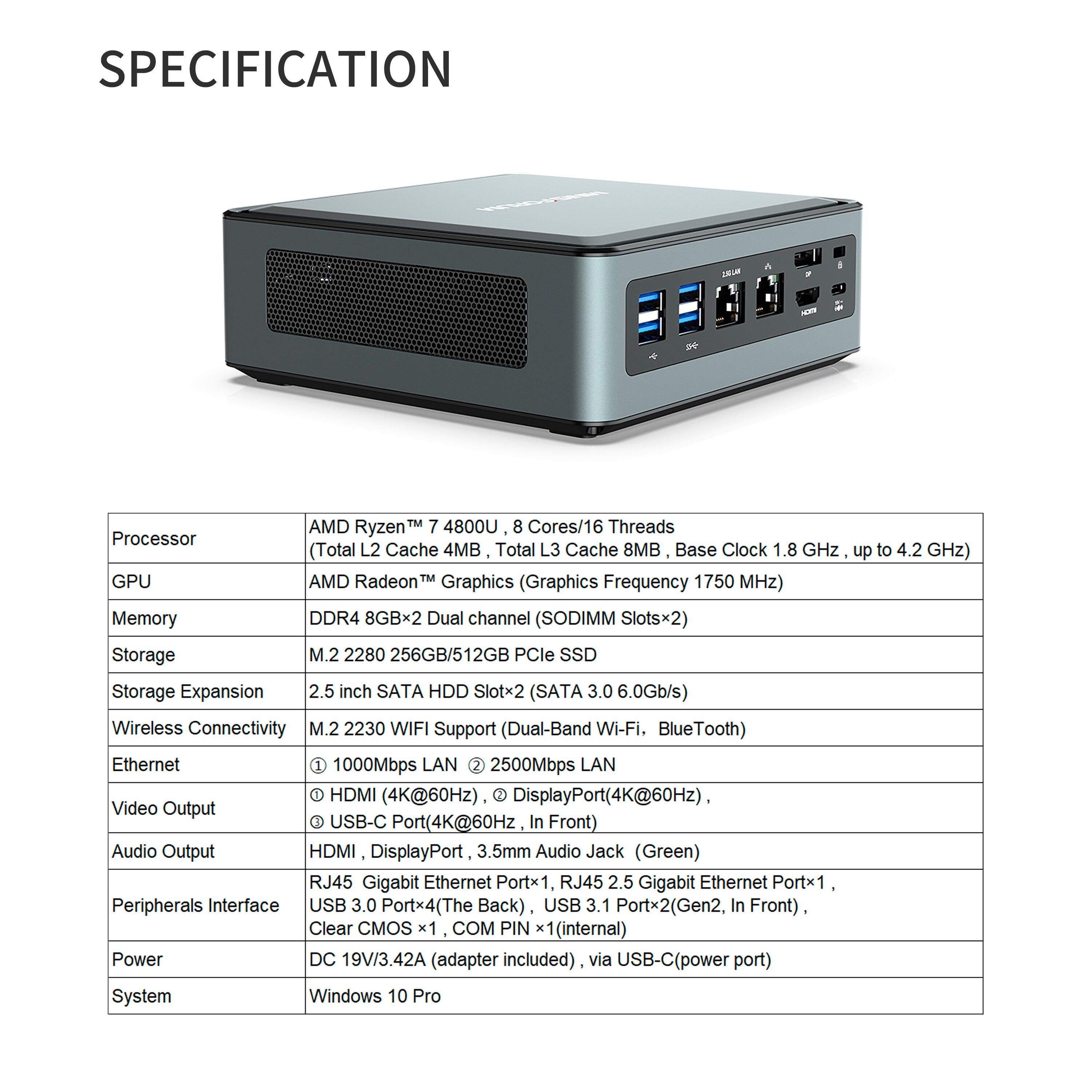 MINISFORUM HM80 AMD Ryzen 7 4800U Windows 10 Pro MINI PC DDR4 16GB