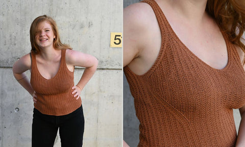 Ellie Summer Top in Rust modelled by Simone, Rust Knitwear