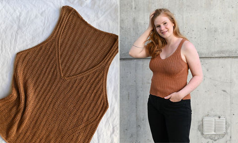 Ellie Summer Top Modelled By Knitting Designer Simone, Rust Knitwear 