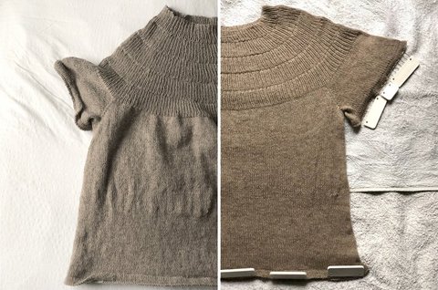 knitted t-shirt before and during washing and blocking