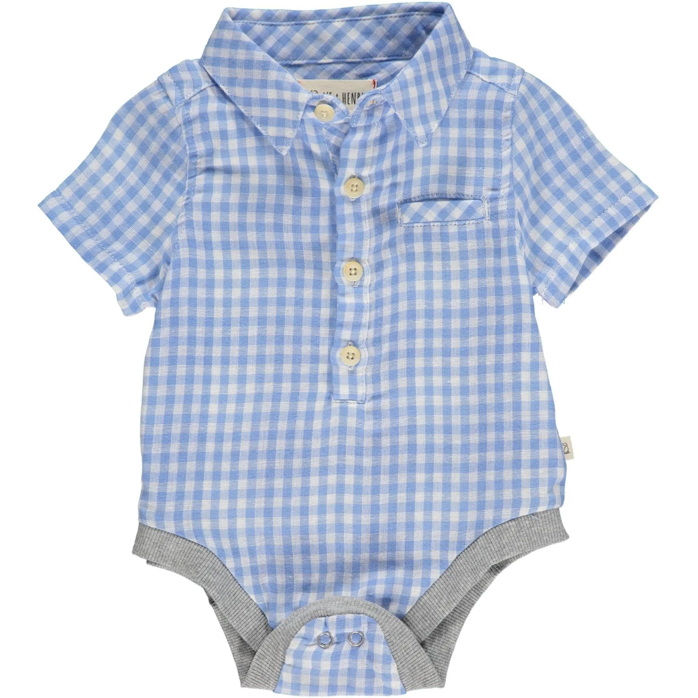 Helford Short Sleeved Onesie - Blue Plaid Gauze | Me & Henry - Jenni Kidz