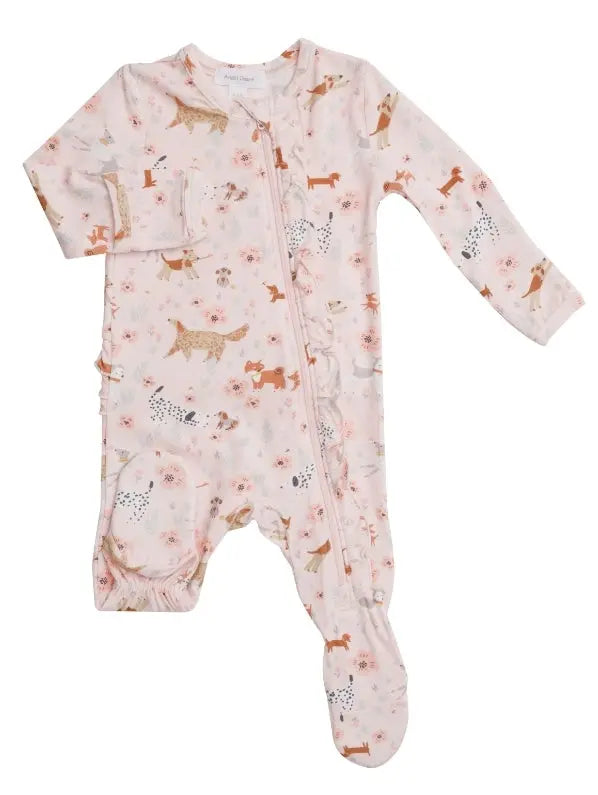 Ruffle Zipper Footie - Floral Pups Pink | Angel Dear | Angel Dear | Jenni Kidz