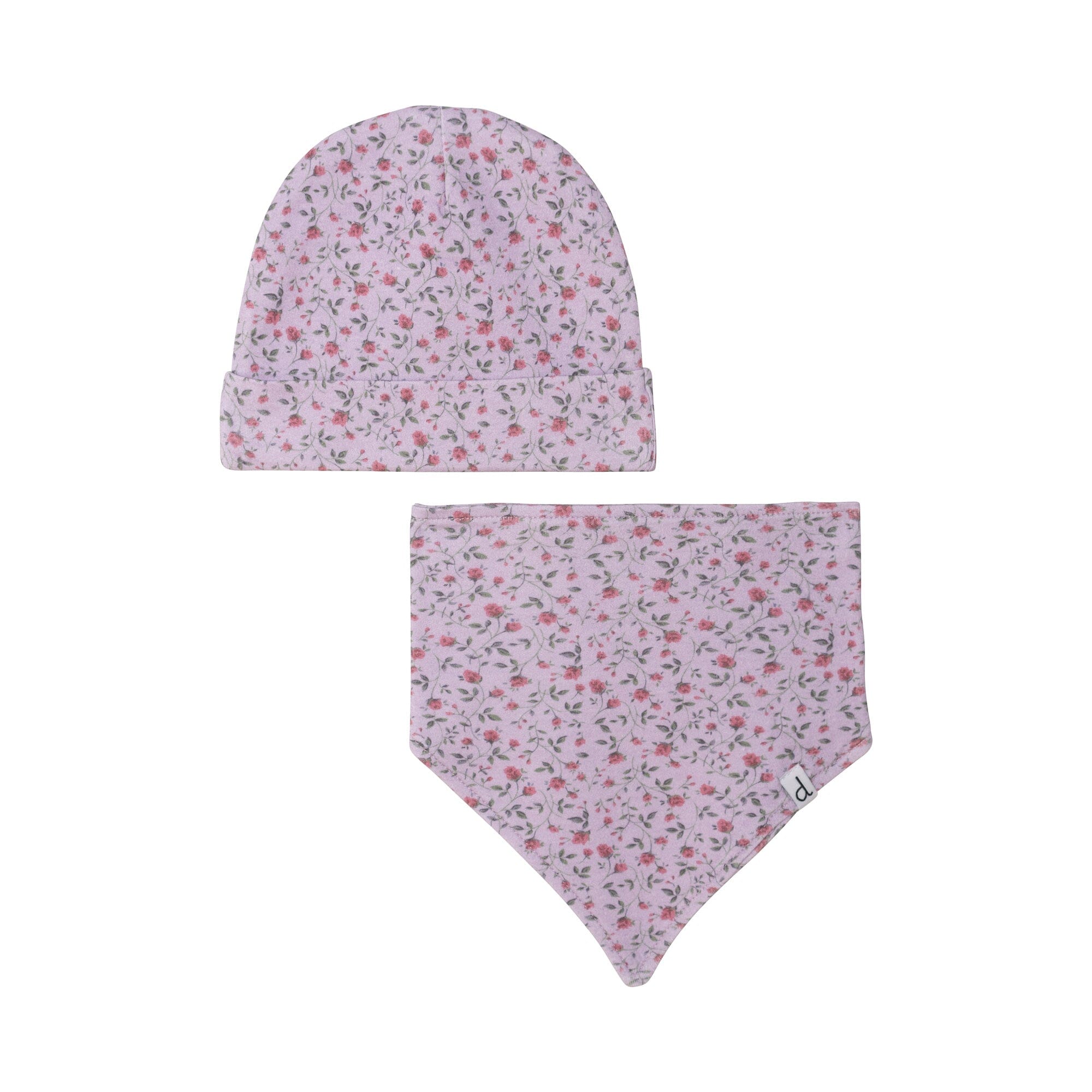 Organic Cotton Printed Hat & Bib Set Lilac Little Flowers-0