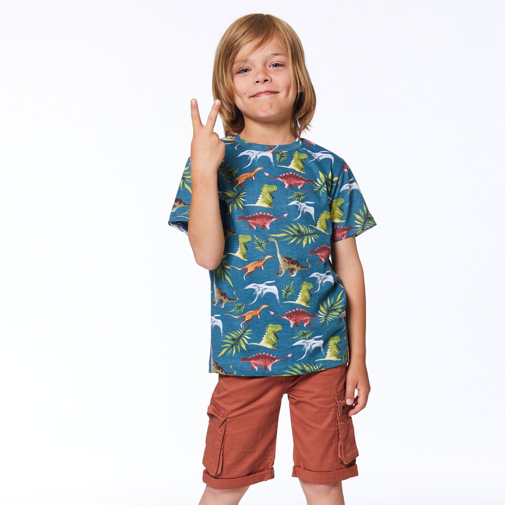 Printed Cotton Jersey Tee Dark Teal Dinosaurs-3